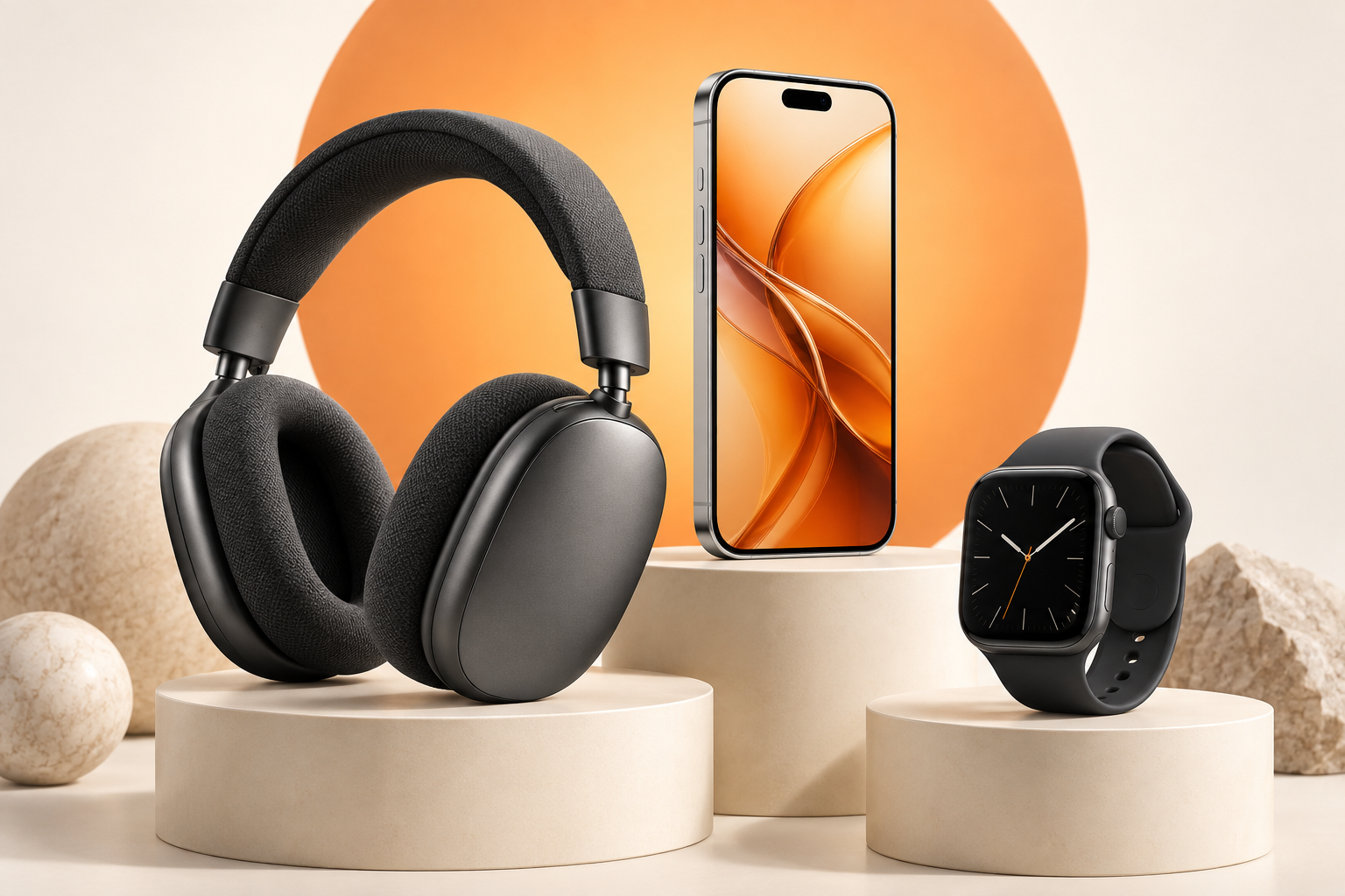 Composición ilustrativa de audífonos, smartphone y reloj inteligente sobre pedestales
